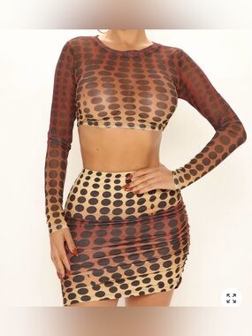 Polka Dot Ruched Mini Skirt in Brown & Cream